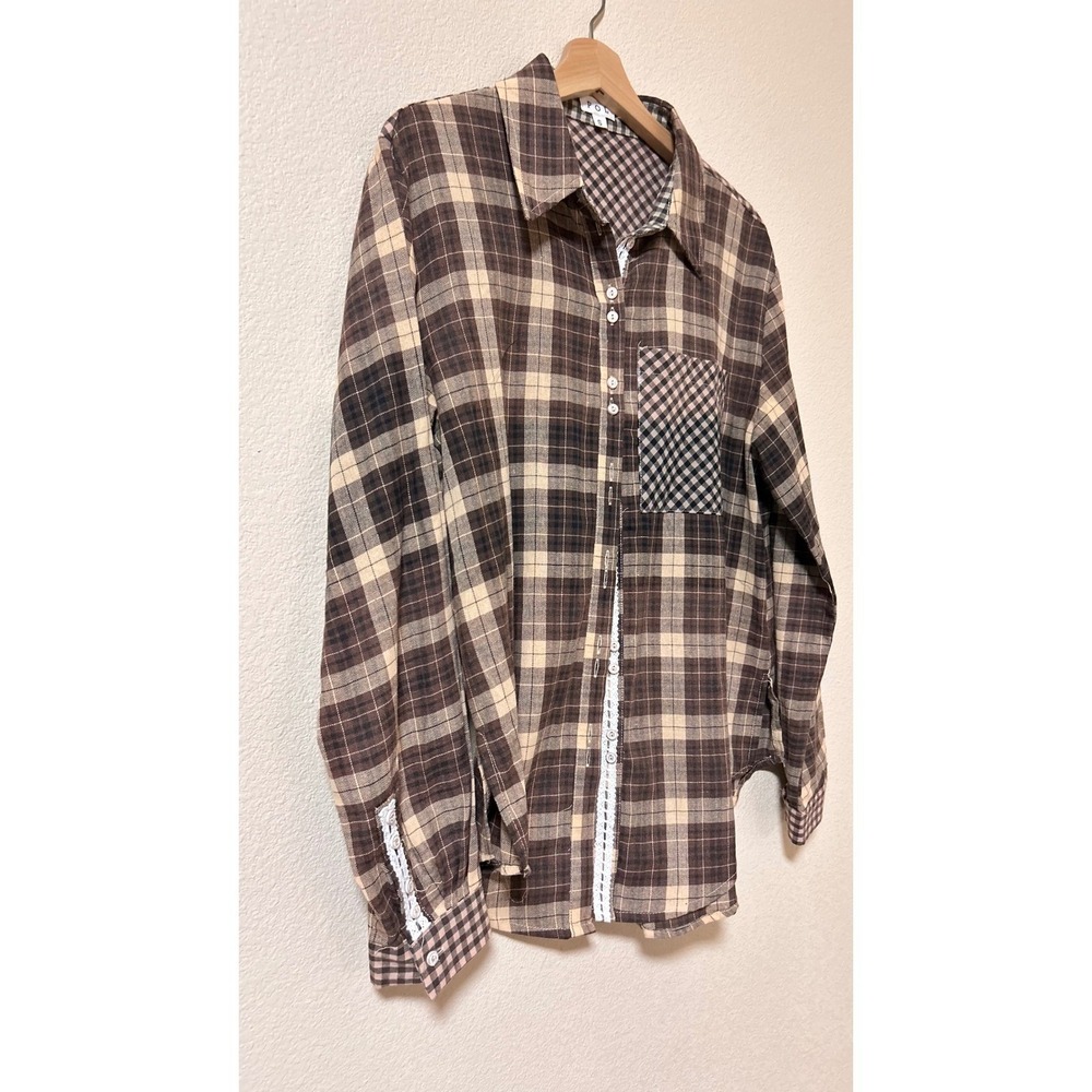 POL Brown Plaid Lace Trim Button Down Shirt RCT978 Mixed Pattern Womens Small - Picture 8 of 9